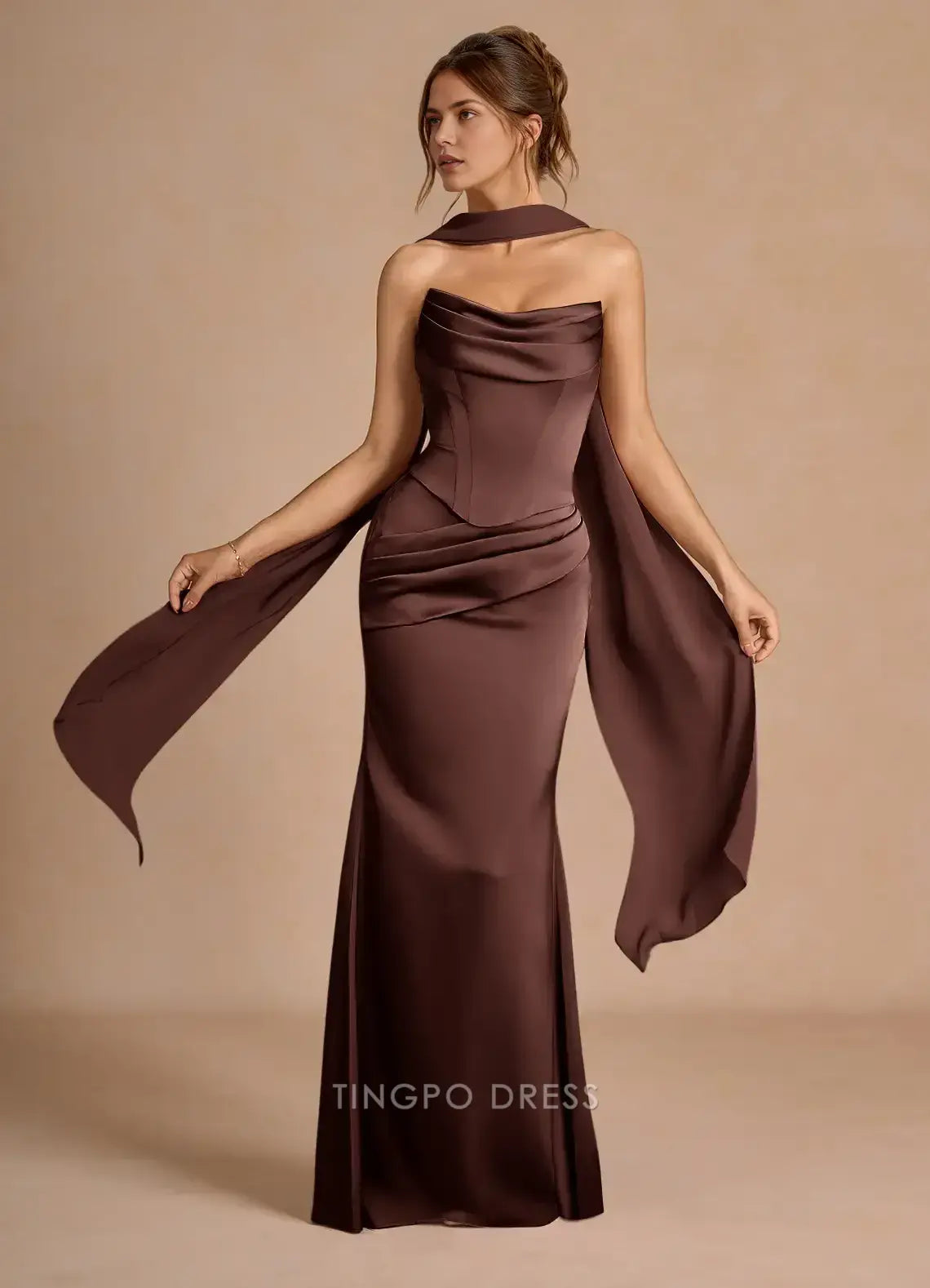 Elegant Cowl Neck Satin Mermaid Maxi Dress with Detachable Scarf and Lace - Up Back Prom Dress